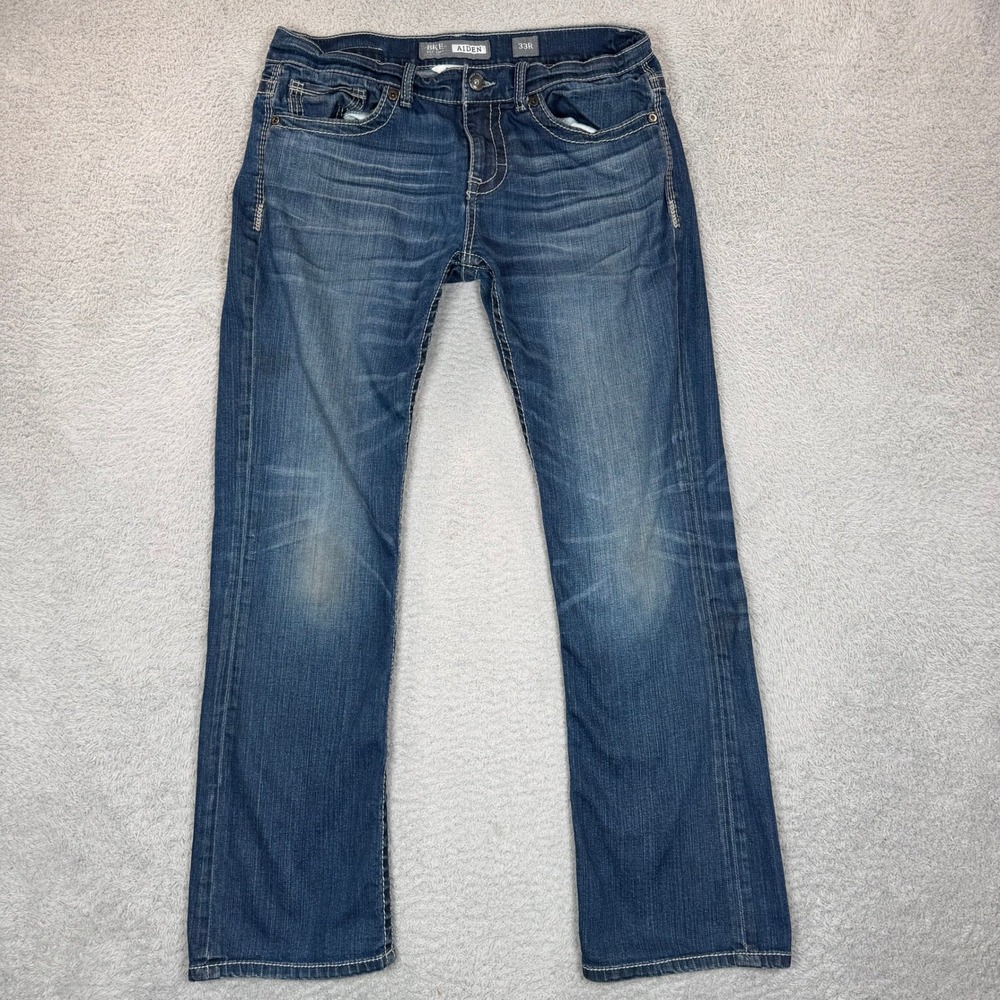 BKE Aiden Bootleg Jeans Mens 33R Blue Medium Wash Distressed Contrast Stitch